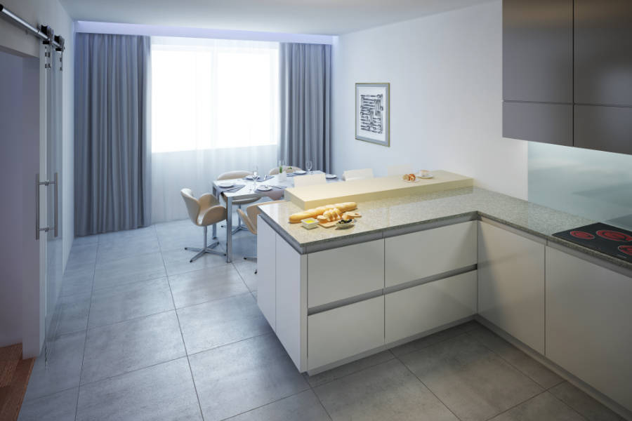 moderne Küche mit schönen großen Bodenfliesen